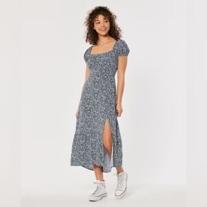 Floral Blue Midi Dress Hollister With Slit On Side Leg